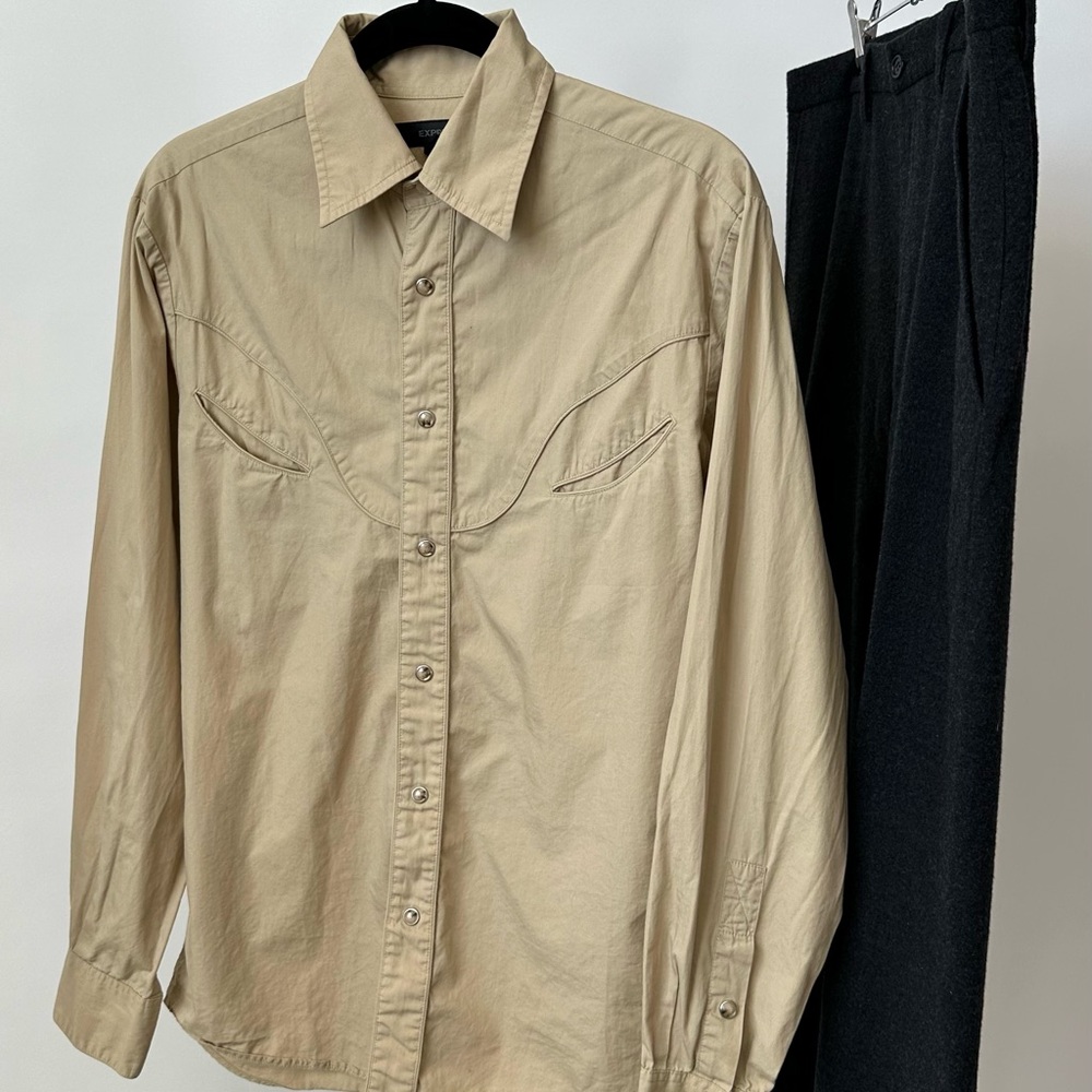 VINTAGE EXPRESS Tan Western Inspired Vintage Snap Button Front Shirt-Mens Small